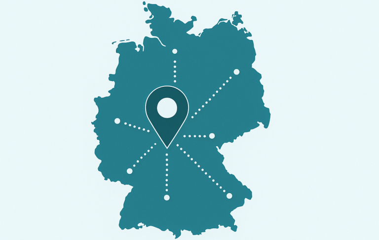 Landkarte Karte von Deutschland mit einem Markierungssymbol und verbundenen Punkten.